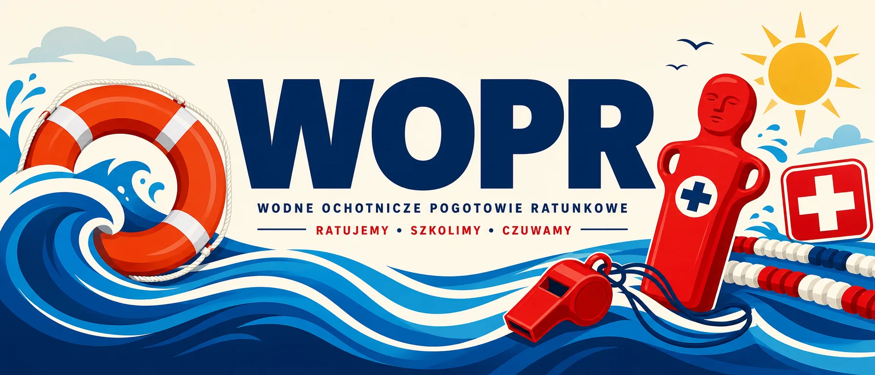 Grafika WOPR – ratownictwo wodne, koło ratownicze, fale i manekin