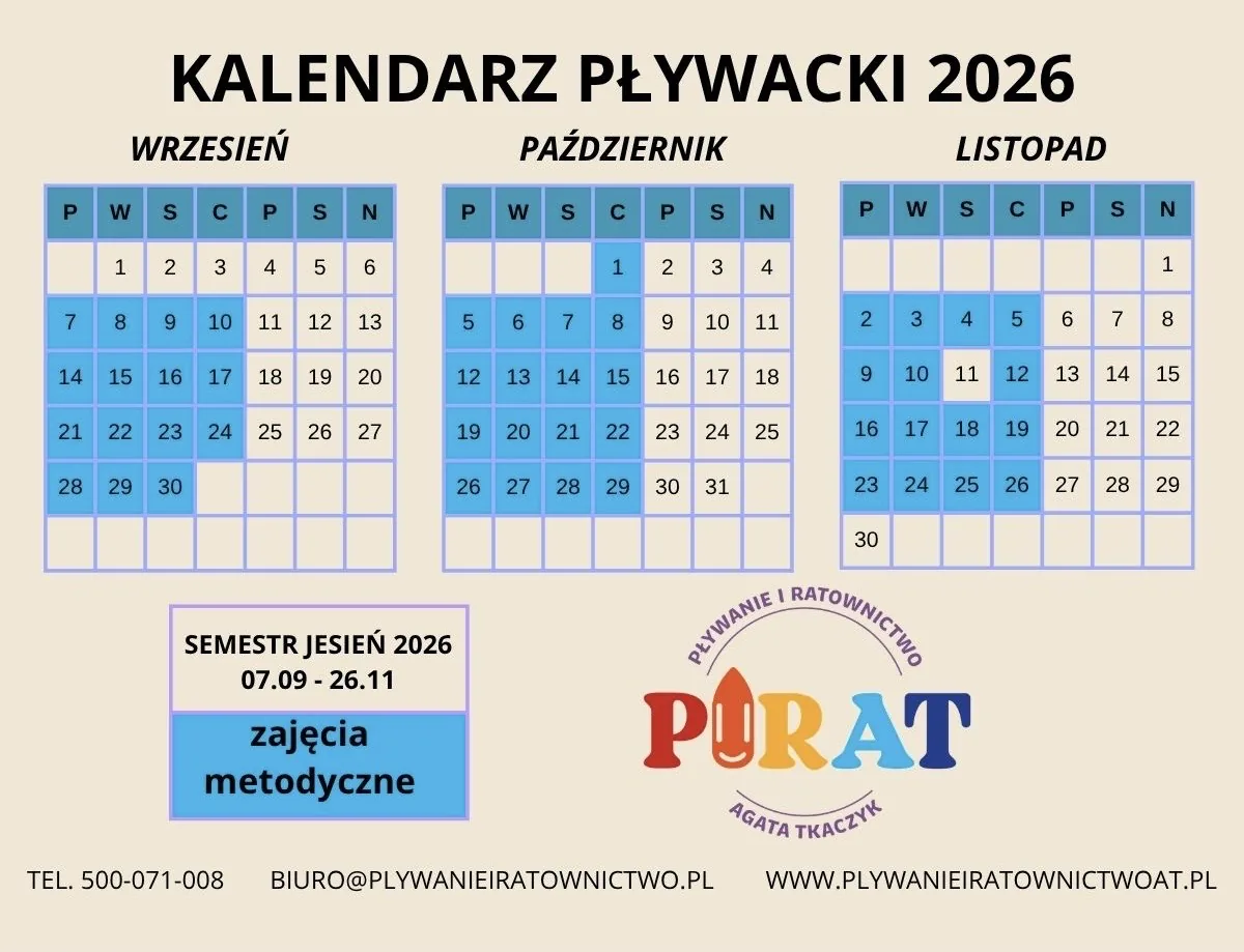 Kalendarz pływacki 2026 z zaznaczonymi dniami zajęć metodycznych